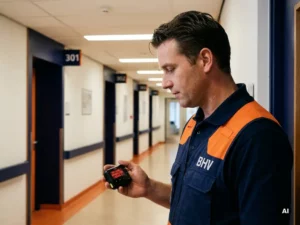 BHV'er in ziekenhuisgang bekijkt pieper met actief alarm, genummerde afdeelingsdeuren zichtbaar op de achtergrond.