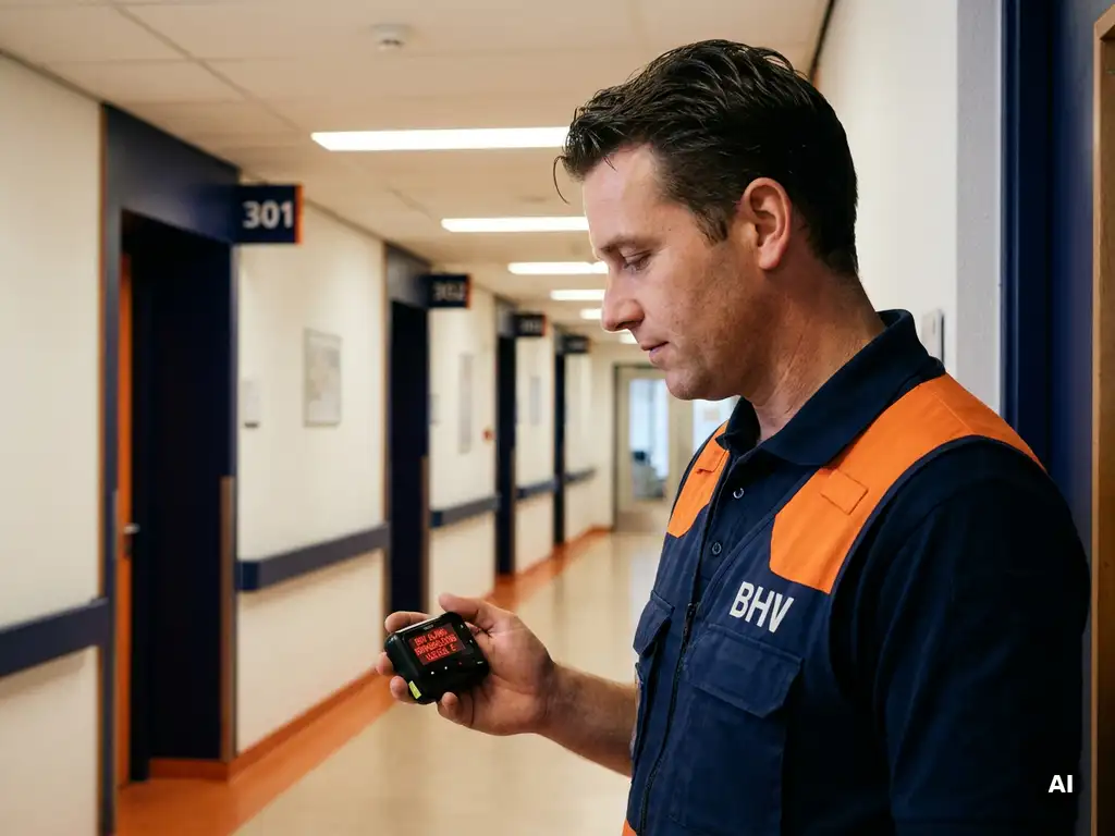 BHV'er in ziekenhuisgang bekijkt pieper met actief alarm, genummerde afdeelingsdeuren zichtbaar op de achtergrond.