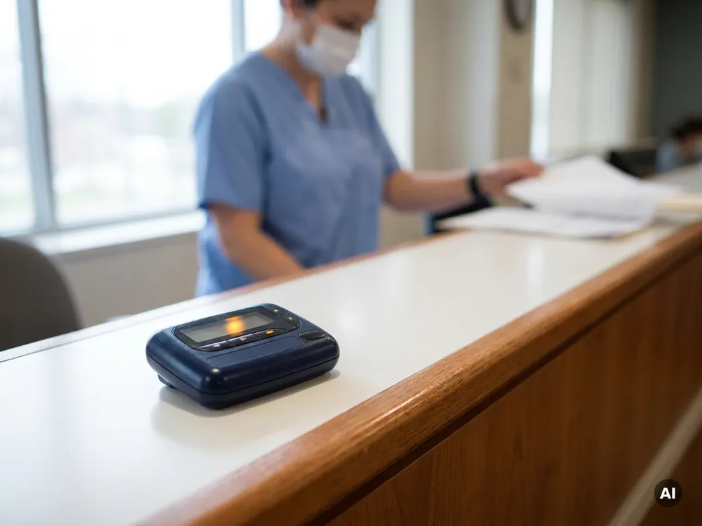 Draadloos pager-alarmsysteem op receptiebalie van Nederlandse zorginstelling, met verpleegkundige op de achtergrond.