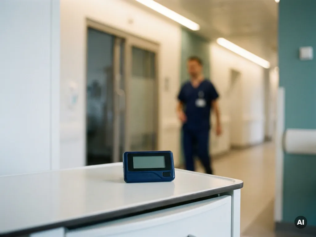 Draadloze pager op een ziekenhuisnachtkastje, met een verpleegkundige op de achtergrond in een moderne zorginstelling.