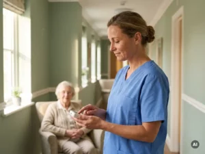 Verpleegkundige in blauwe scrubs activeert een alarmpieper in de gang van een verzorgingshuis, met een oudere bewoner op de achtergrond.