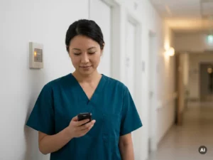 Zorgmedewerker in scrubs met persoonlijk beveiligingspager in ziekenhuisgang, brandalarmcentrale zichtbaar op witte muur op de achtergrond.