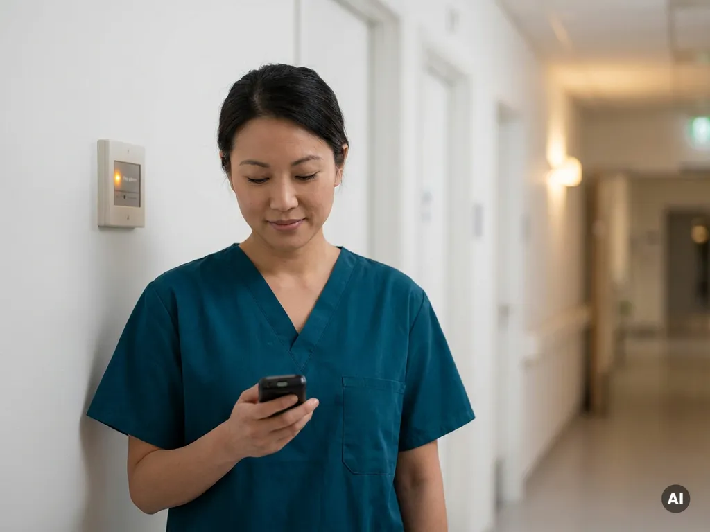 Zorgmedewerker in scrubs met persoonlijk beveiligingspager in ziekenhuisgang, brandalarmcentrale zichtbaar op witte muur op de achtergrond.
