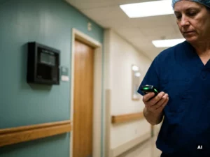 Zorgverlener in scrubs houdt een pieper vast met groen alarmsignaal in een klinische gang.