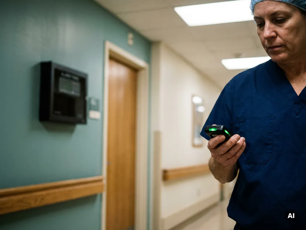 Zorgverlener in scrubs houdt een pieper vast met groen alarmsignaal in een klinische gang.