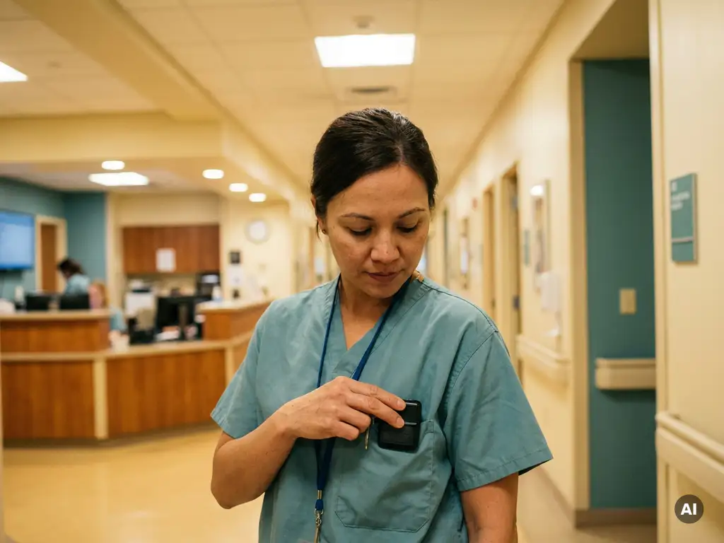 Zorgverlener in scrubs die een pieper indrukt, bevestigd aan uniform, met verpleegpost op de achtergrond.