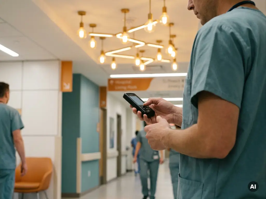 Zorgmedewerker in scrubs houdt een pager vast in een moderne ziekenhuisgang met warme plafondverlichting.