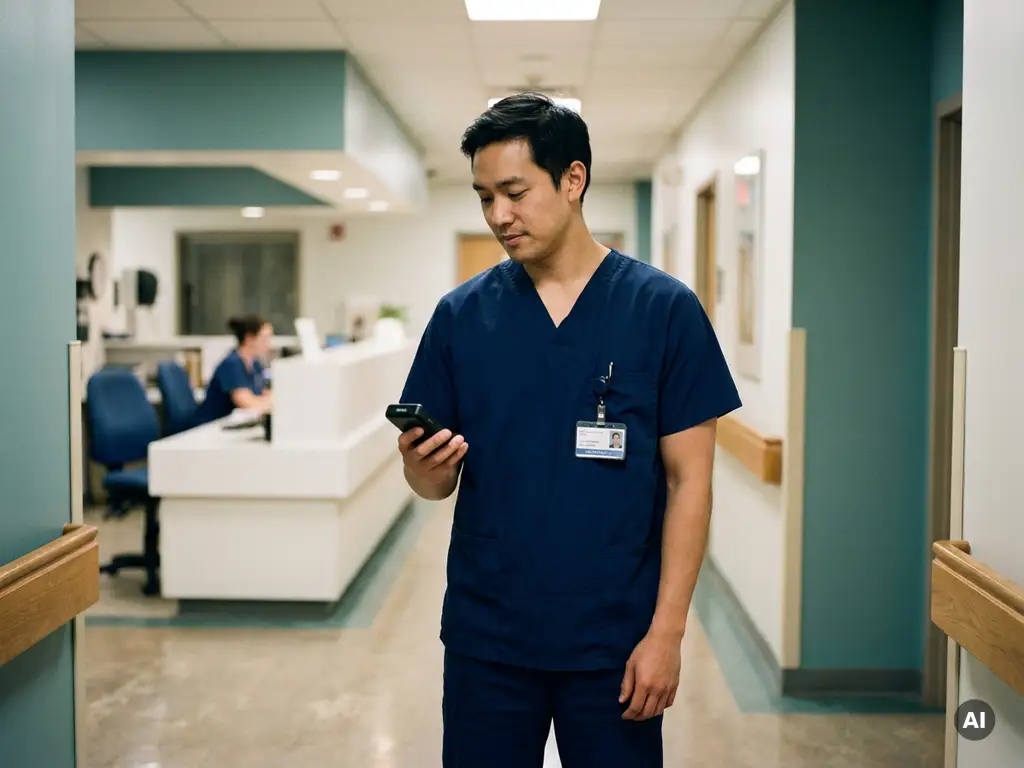 Zorgprofessional in scrubs houdt een discrete pager vast in een rustige ziekenhuisgang met verpleegpost op de achtergrond.