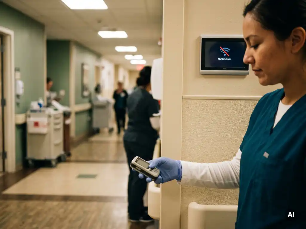 Zorgverlener in scrubs gebruikt een pager in een ziekenhuisgang zonder wifi-signaal.