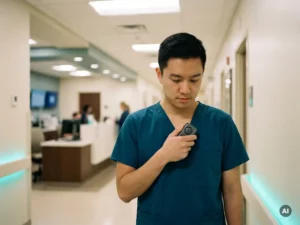 Zorgverlener in scrubs activeert persoonlijk alarmpager in ziekenhuisgang met teal accentverlichting en verpleegpost op achtergrond.