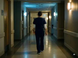 Verpleegkundige in scrubs loopt 's nachts door een verlichte ziekenhuisgang met een pieper aan het uniform.