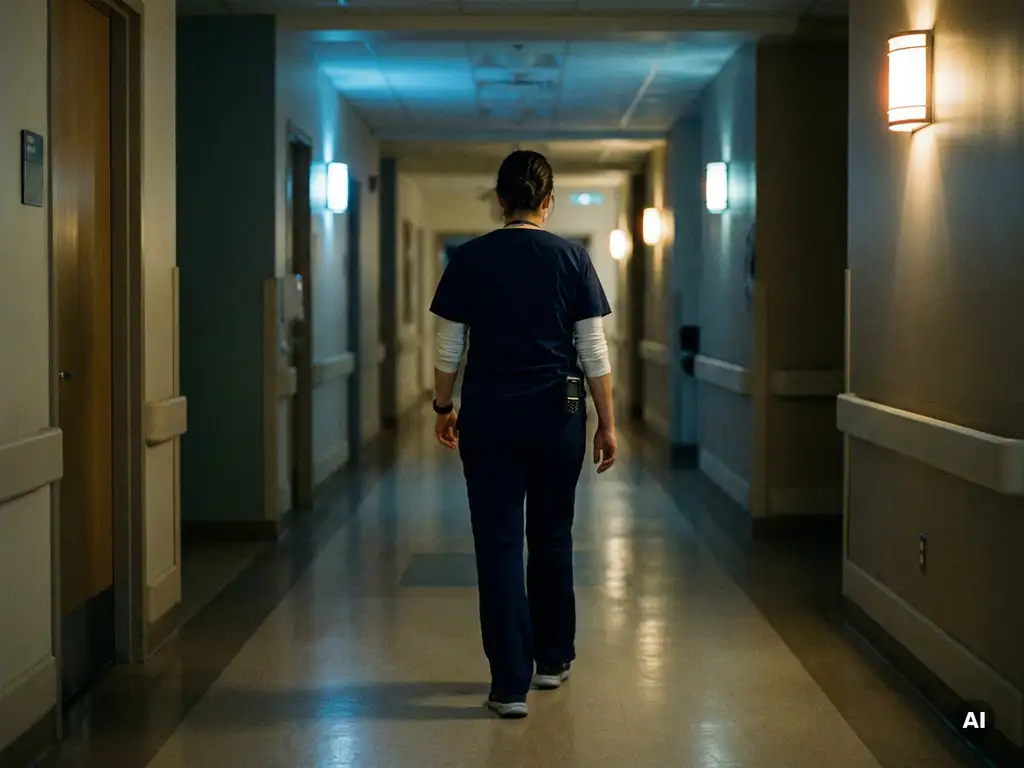 Verpleegkundige in scrubs loopt 's nachts door een verlichte ziekenhuisgang met een pieper aan het uniform.